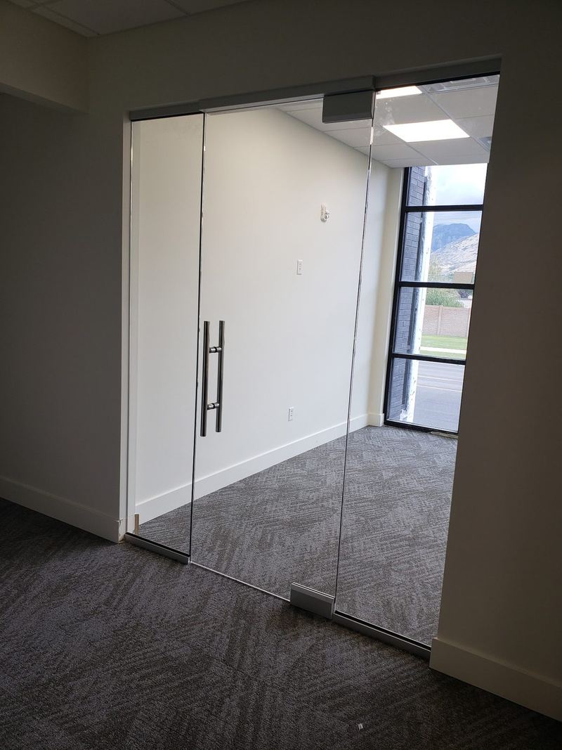 A pair of frameless glass doors with full height pull handles opening into a carpeted office