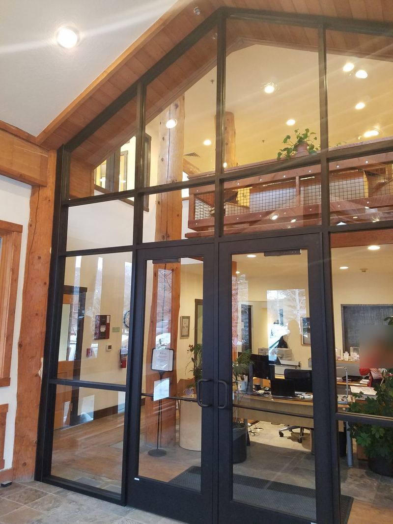 A tall glazed entrance set into a timber framed building with a vaulted ceiling